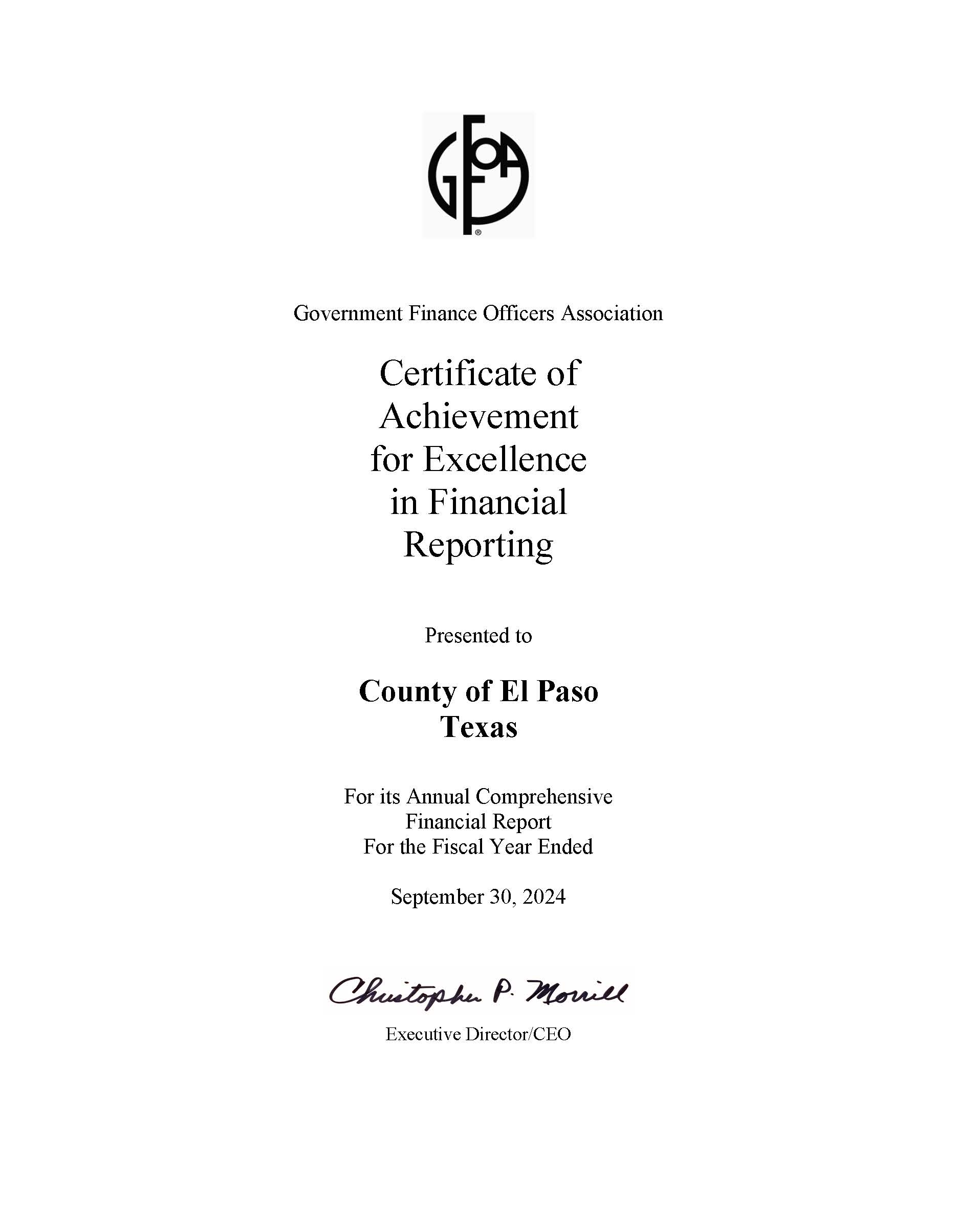 GFOA Excellence in Financial Reporting Certificate